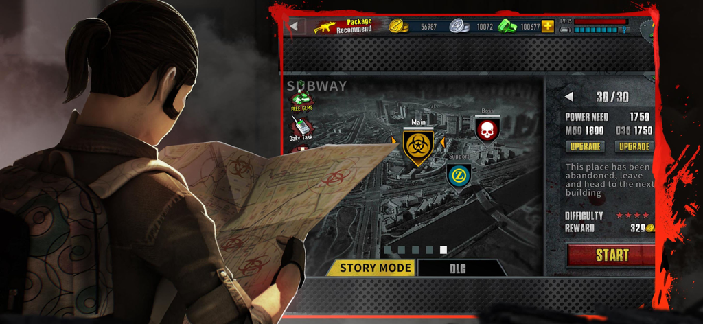 Un superviviente mira un mapa junto a una pantalla de selección de misión en el menú del juego Zombie Frontier 3