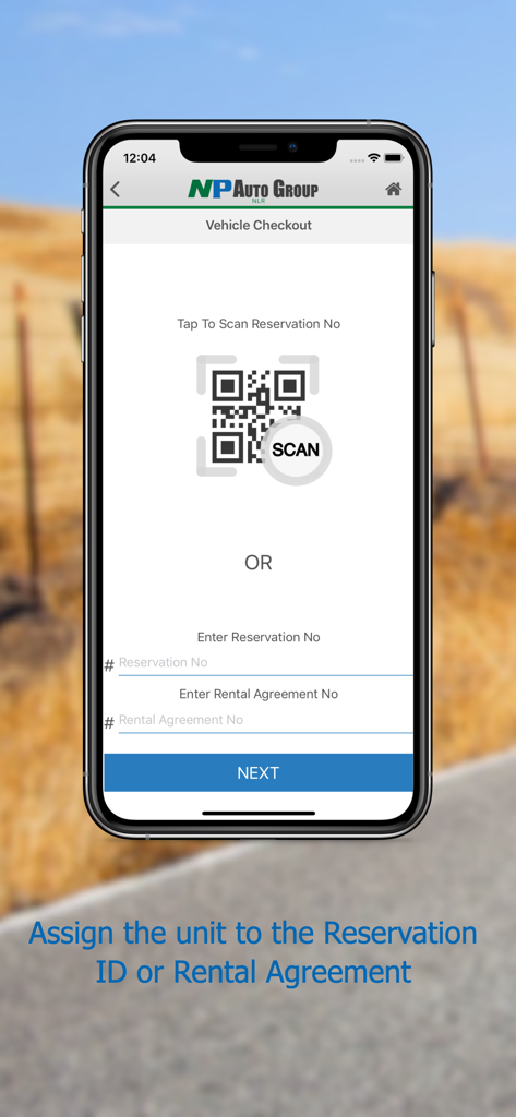 ASAP Rent - Vehicle checkout screen in the ASAP Rent app showing options to scan a QR code or enter a reservation number