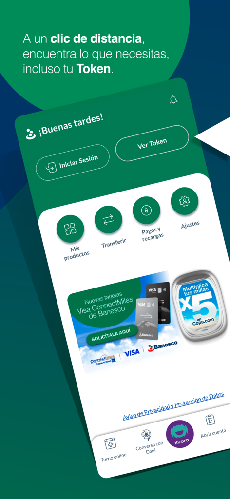 Banesco Panama mobile app welcome screen showing login, token access, and main banking menu options like transfers and bill payments.