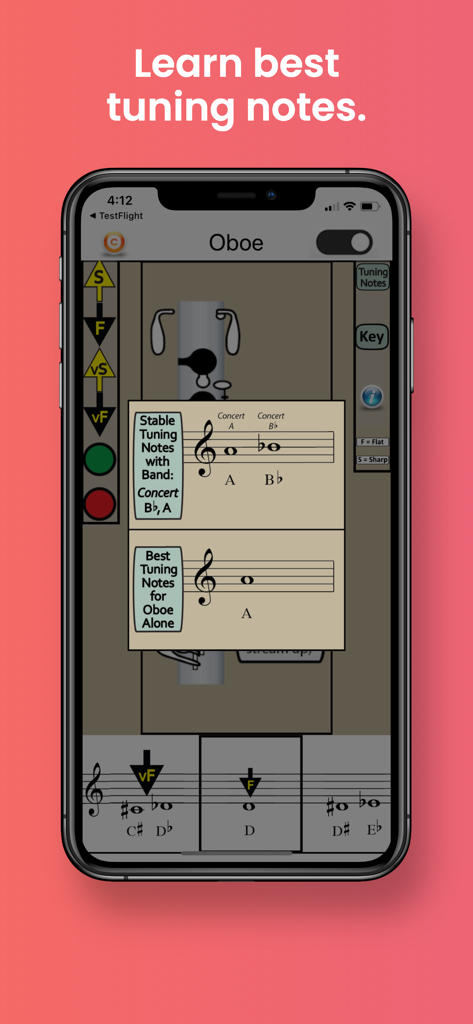 Oboe Fingering & Tuning - Pantalla de la aplicación móvil que muestra las mejores notas de afinación para solo de oboe y con banda
