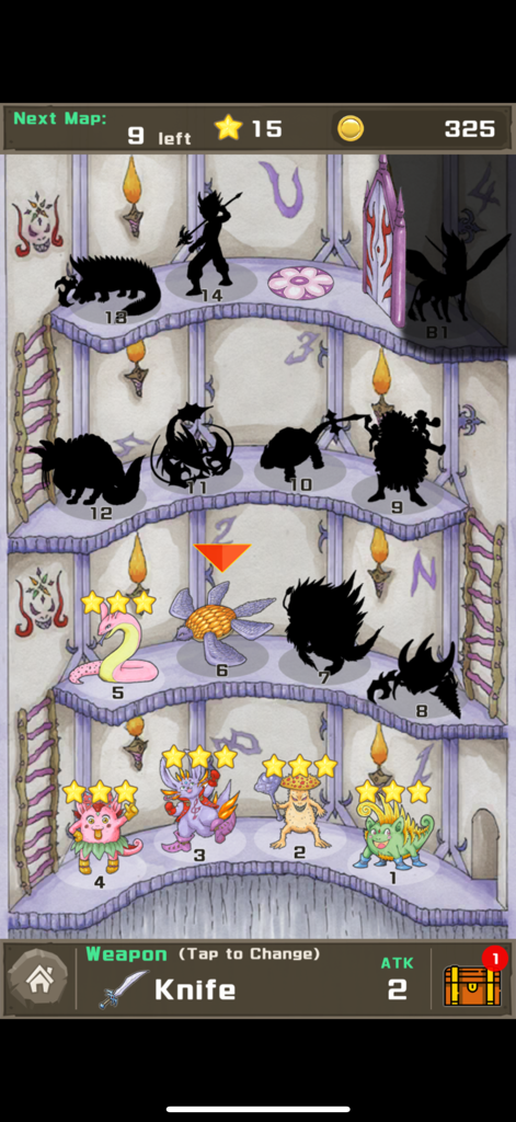 Monster Tower: Math Battle RPG - Un mapa de progresión de torre que muestra varios niveles de monstruos y siluetas en el juego de rol de batalla matemática