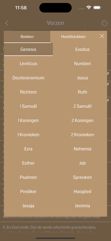 Dutch Bible Offline - A menu in the Dutch Bible app showing a list of Old Testament books in Dutch
