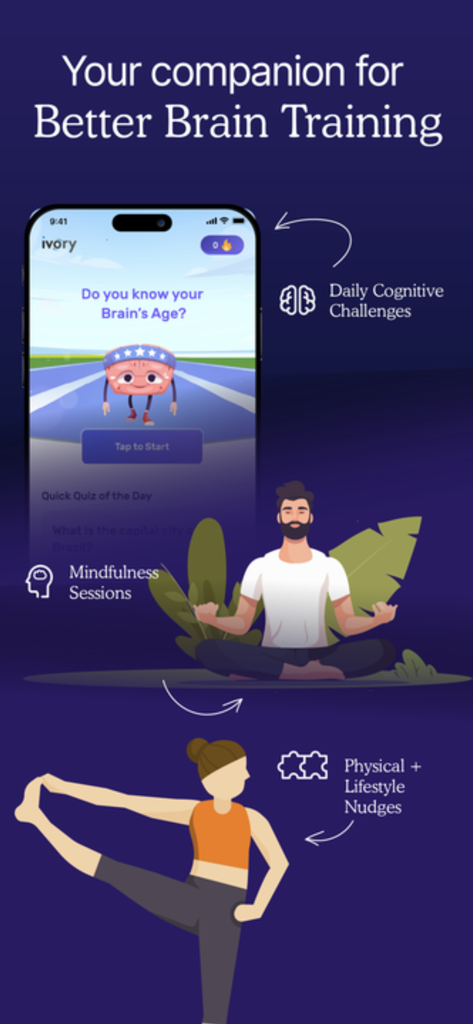 Ivory: Brain Training Games - Ivory app features showing brain age assessment, mindfulness sessions, and lifestyle nudges for cognitive health.