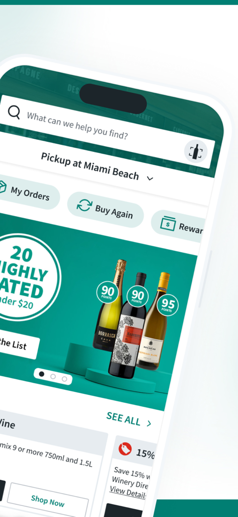 Total Wine & More - Total Wineアプリのホーム画面。ワインのおすすめと検索バーが表示されます。