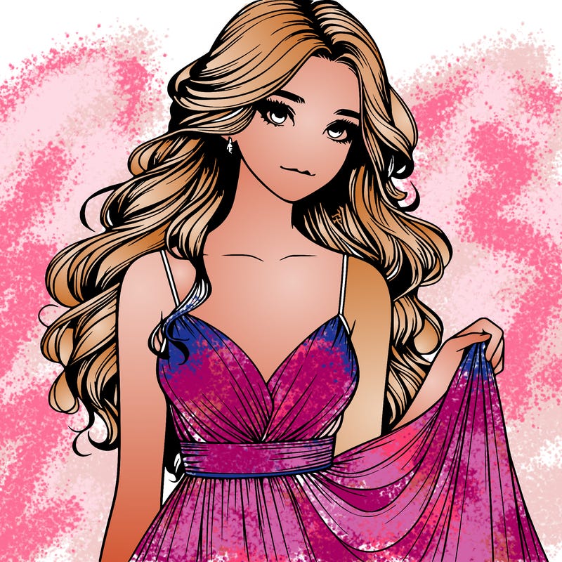 realistic girl in flowy silky prom dress