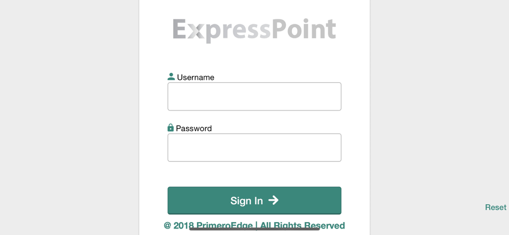 Login screen for the ExpressPoint mobile POS app showing username and password fields
