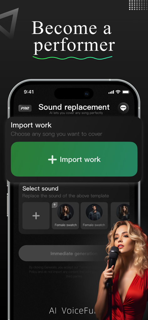 VoiceFun app interface for sound replacement with an import work button and voice selection thumbnails