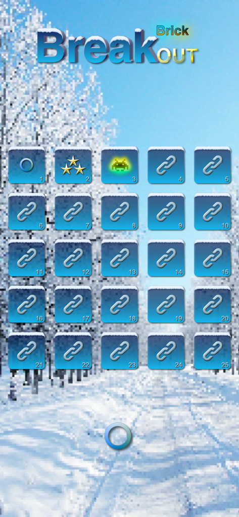 Break Brick Out - Fun to break - Level selection menu for the Break Brick Out game with a snowy background showing unlocked and locked levels