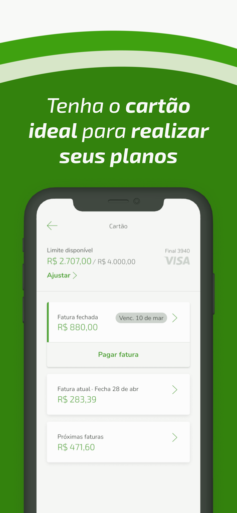 Sicredi X - Pantalla de la aplicación móvil Sicredi X que muestra el límite de la tarjeta de crédito y las opciones de gestión de facturas para una tarjeta Visa.