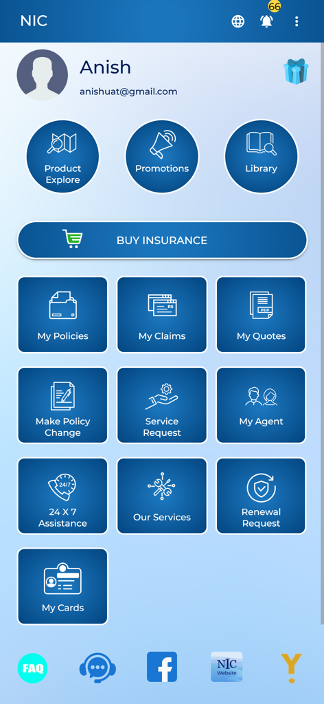 NIC I.sphere - NIC I.sphere mobile app dashboard displaying insurance management options like policies claims and quotes