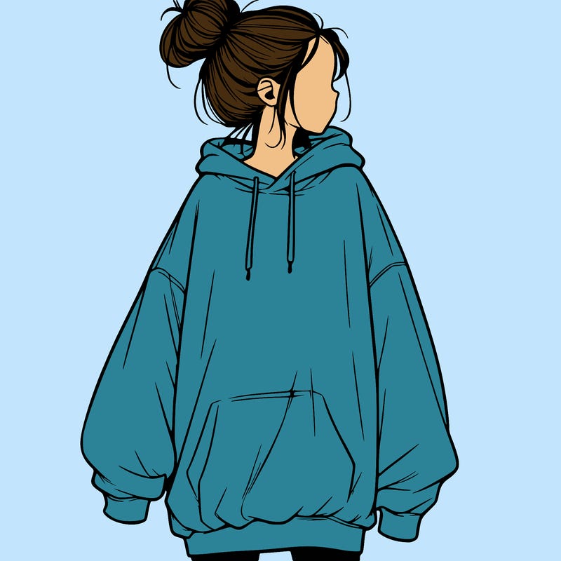 realistic girl with a oversized sweatshirt on and a bun