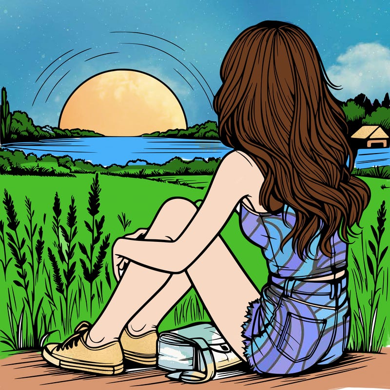 realistic girl sitting and watching the sunset