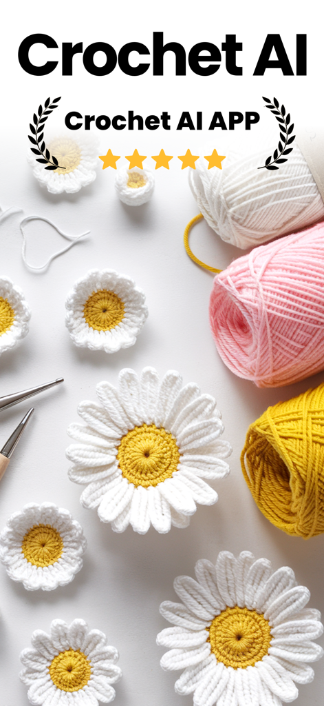 Crochet AI - for Beginner - Schermata introduttiva dell'app Crochet AI con margherite all'uncinetto e filato colorato