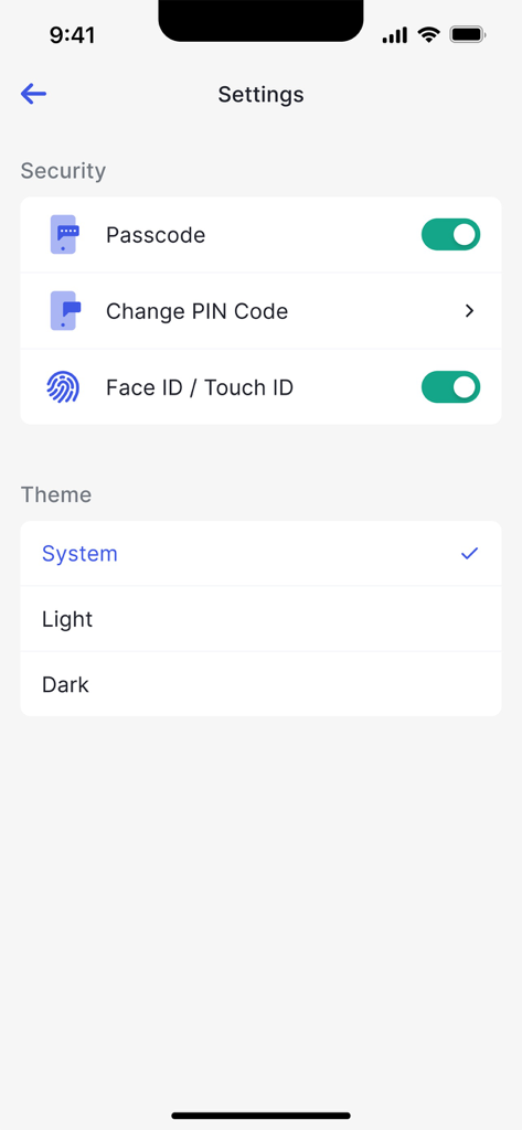 Auth0 Guardian - Settings screen of the Auth0 Guardian app showing security and theme preferences