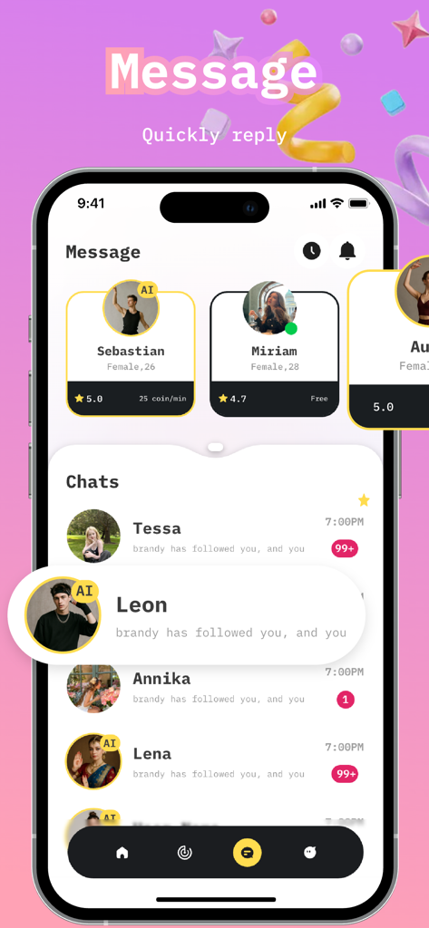 Dazz - Live Call, Video Chat - Dazz app message interface displaying a list of chats and profiles for AI dance companions