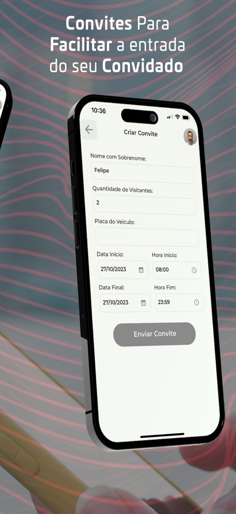 Simples Acesso - Simples Acesso mobile app interface for creating a guest invitation with visitor name and entry time