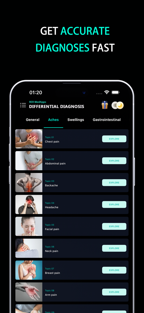 Smartphone screen showing a list of medical symptoms like chest pain and abdominal pain in a differential diagnosis app