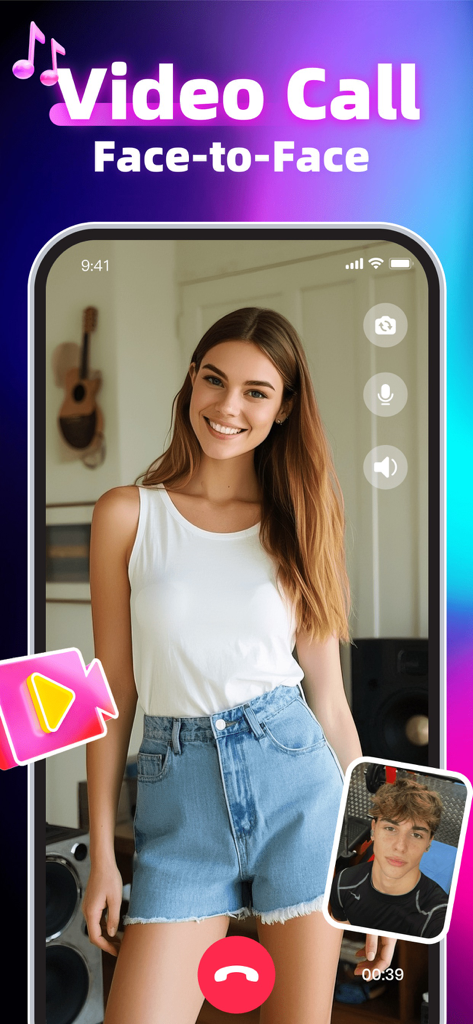 Covit：Adult Chat Together, Fun - Covit app screen showing a one on one video call between two young adults