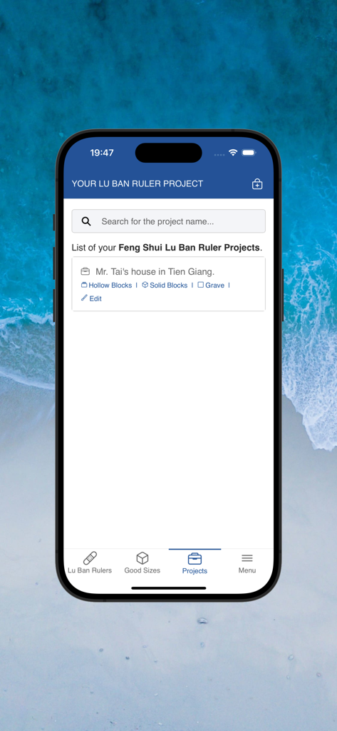 Online Lu Ban Ruler - Projects list view in the Online Lu Ban Ruler app showing a saved construction project