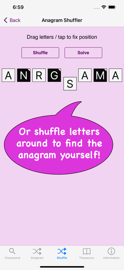 The Anagram Shuffler interface showing letter tiles and options to shuffle or solve word puzzles.