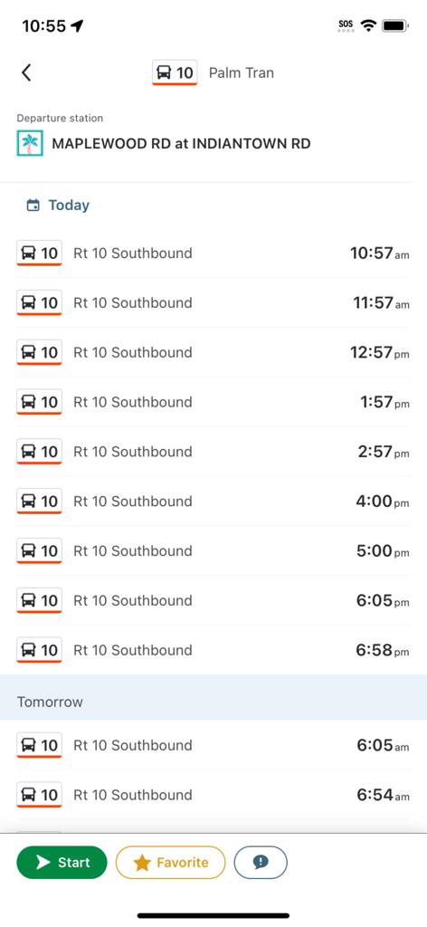 SoFloGO - SoFloGO app interface showing Palm Tran bus departure times for route 10 southbound