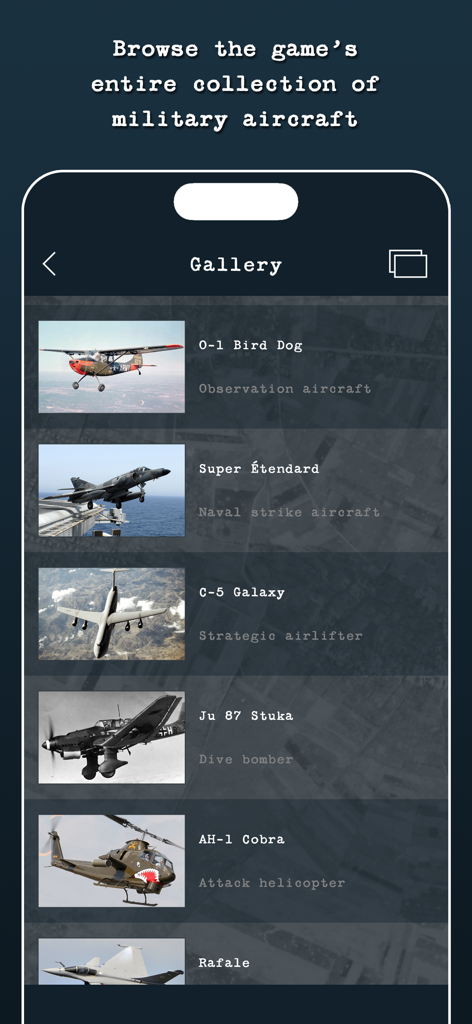 Guess the Military Aircraft - A gallery view in the mobile app showing a collection of military aircraft including helicopters and fighter planes