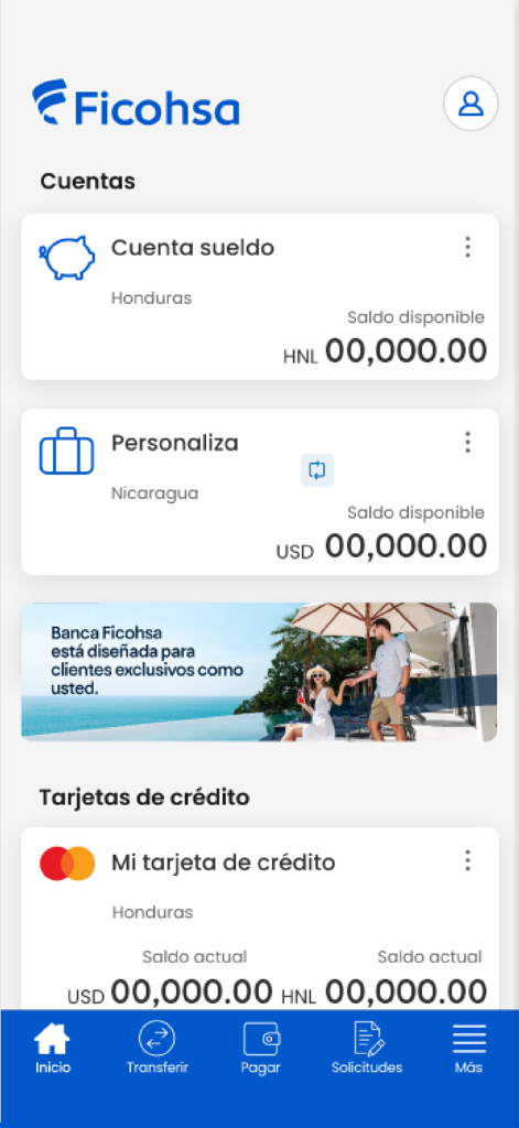 Ficohsa - Interface de l'application mobile Ficohsa montrant les soldes de compte pour le Honduras et le Nicaragua ainsi qu'une section carte de crédit