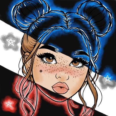 realistic girl with two buns on her hair and lips