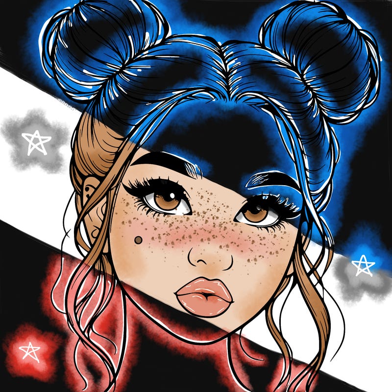 realistic girl with two buns on her hair and lips