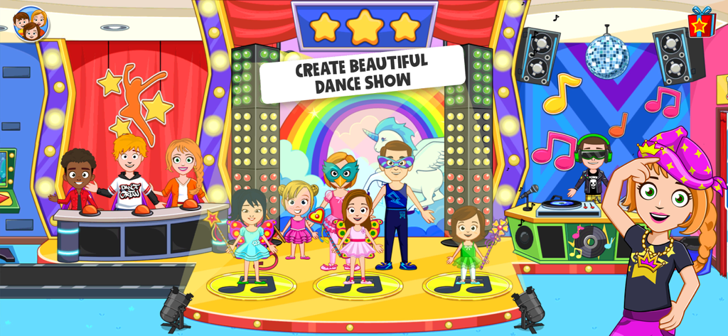 My Town : Dance School - Children characters in costumes performing on a colorful stage in My Town Dance School app.