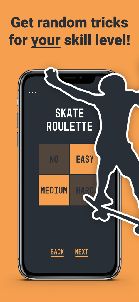 Game of SKATE or ANYTHING - Pantalla de selección de dificultad de Skate Roulette para generación de trucos aleatorios en la aplicación Game of SKATE