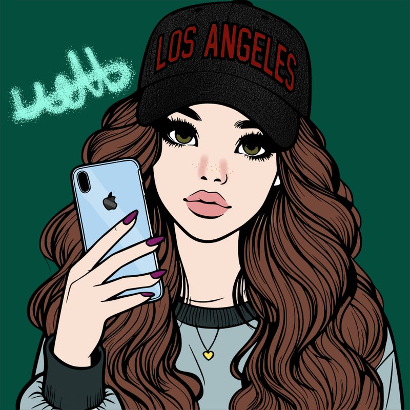 realistic beautiful girl wearing los ángeles cap holding an iphone