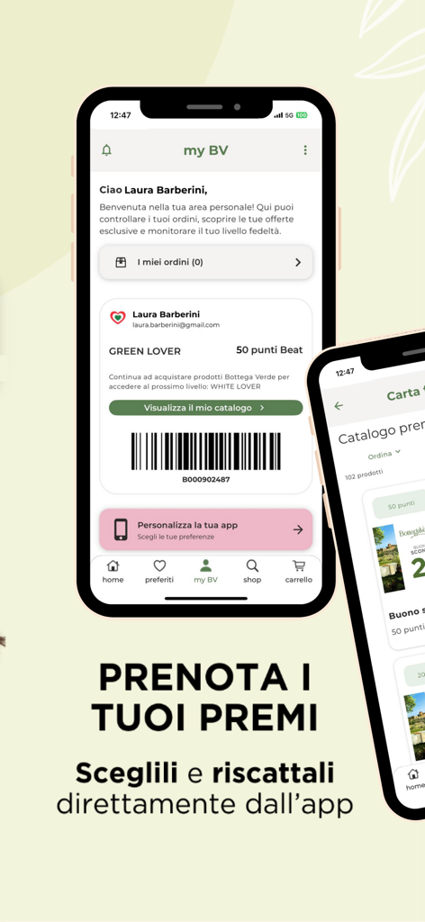Pantalla de la app Bottega Verde mostrando una tarjeta de fidelidad digital con puntos y opciones de canje de recompensas.