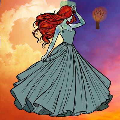 realistic woman with dress flowing in the wind