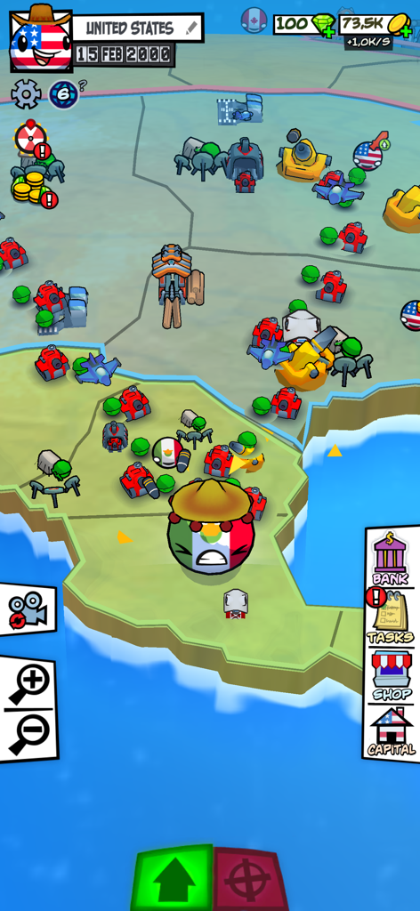 Strategic map gameplay in Country Balls State Takeover showing a battle between different nations with tanks and aircraft.