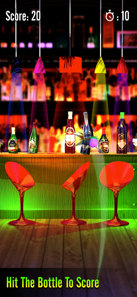 BottleShoot-Shoot Bottles - BottleShoot gameplay showing bottles on a bar counter with score and timer displays