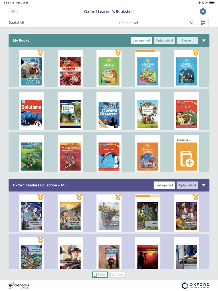 Interface de biblioteca digital do aplicativo Oxford Learner Bookshelf mostrando livros didáticos de inglês e leituras graduadas