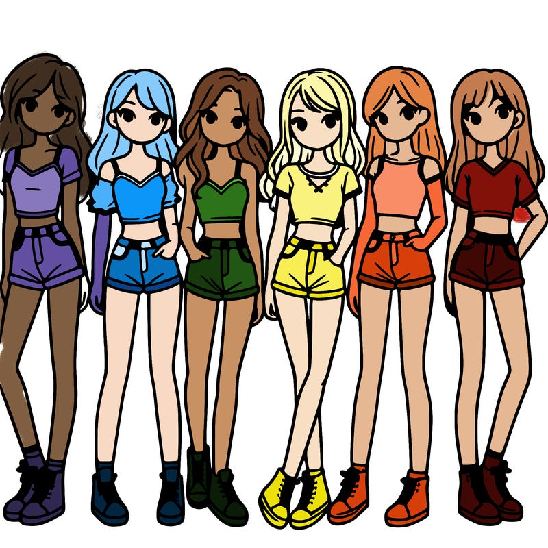 a group of girls wearing crop tops and shorts