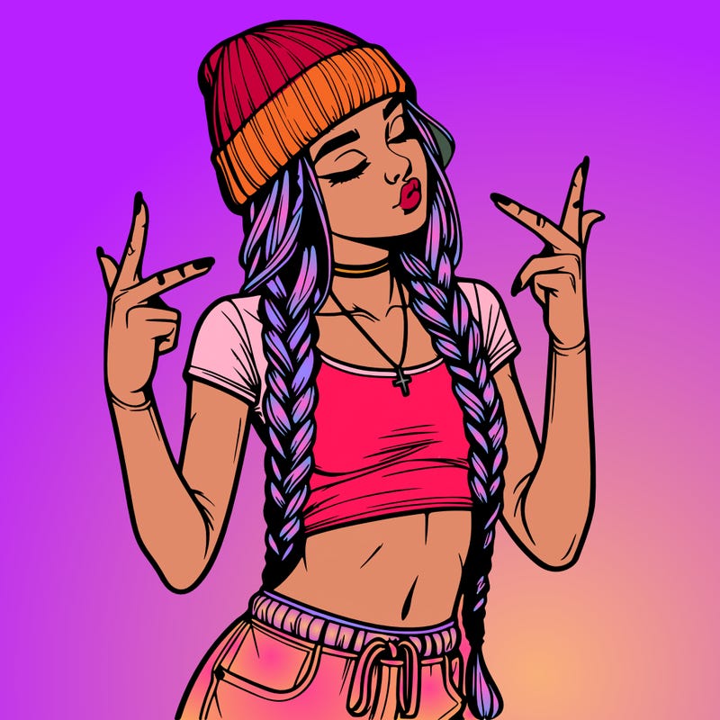 realistic teenage girl with braids and a beanie and crop top doing 🫶🏼