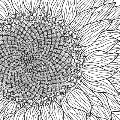 Dive into the mesmerizing details of a sunflower with this exquisite macro coloring page. Explore the complex patterns of its seeds and the delicate flow of its petals, all waiting for your creative touch.