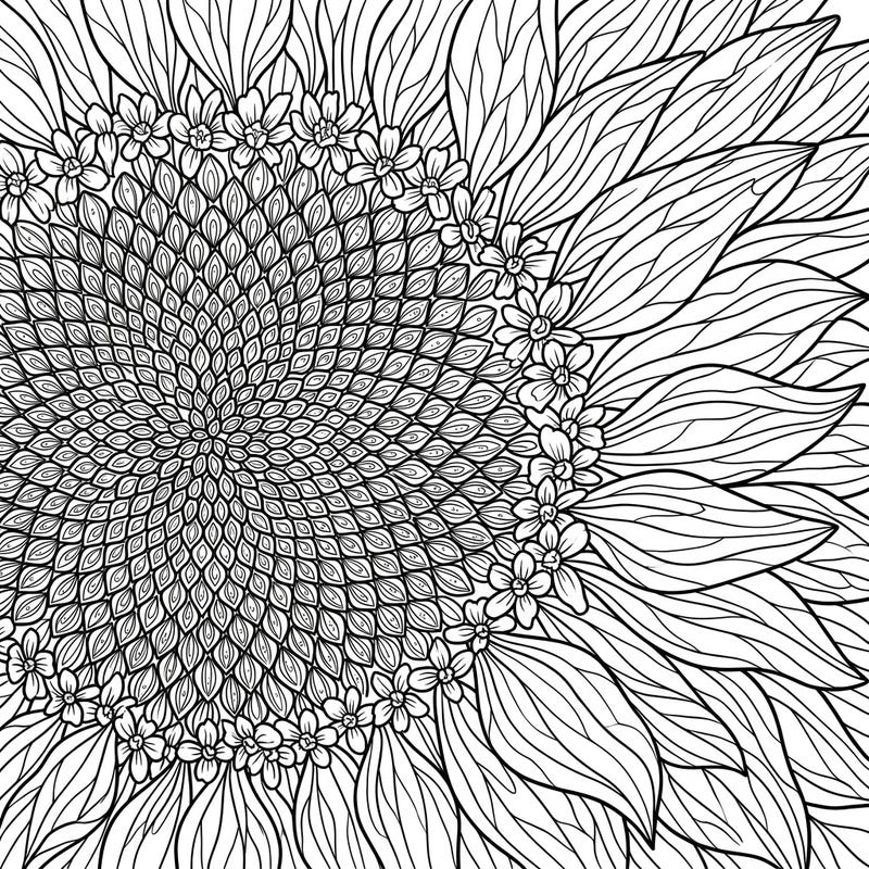 Dive into the mesmerizing details of a sunflower with this exquisite macro coloring page. Explore the complex patterns of its seeds and the delicate flow of its petals, all waiting for your creative touch.