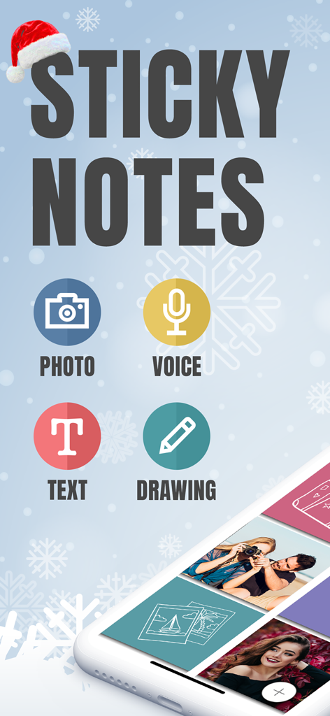 Sticky Notes App Remind Widget - Main screen of the Sticky Notes app highlighting photo voice text and drawing note options
