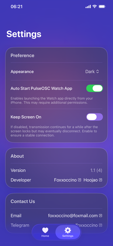 ダークモード、自動起動ウォッチアプリ、開発者情報の設定が表示されたPulseOSCアプリの設定画面