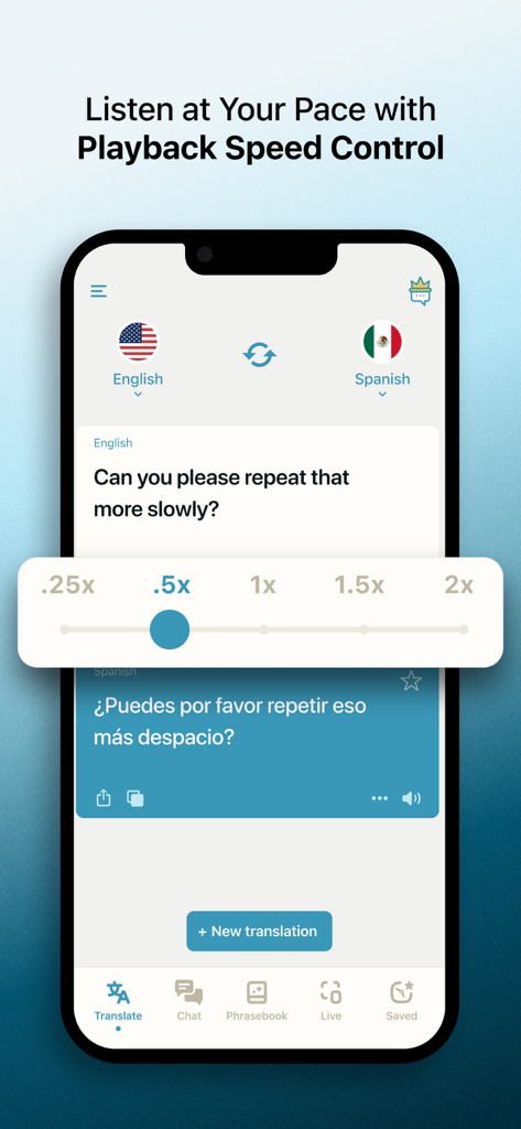 Translate Voice and Text app interface highlighting the playback speed control feature for voice translations