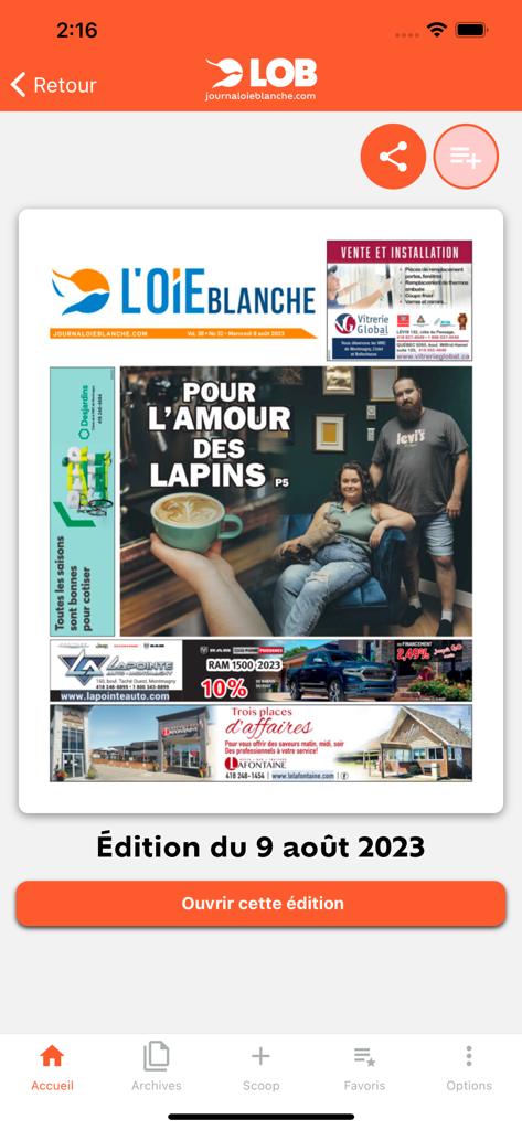 L’Oie Blanche - Aperçu d'une édition numérique du journal local L'Oie Blanche dans l'application mobile