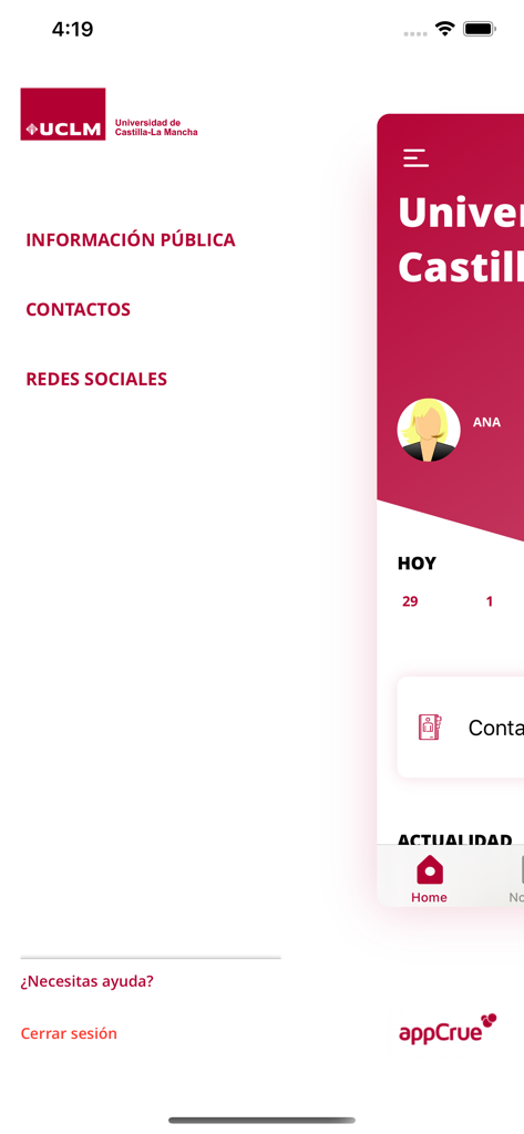 UCLM U. de Castilla-La Mancha - Side navigation menu of the UCLM mobile app showing links to university information and contacts.