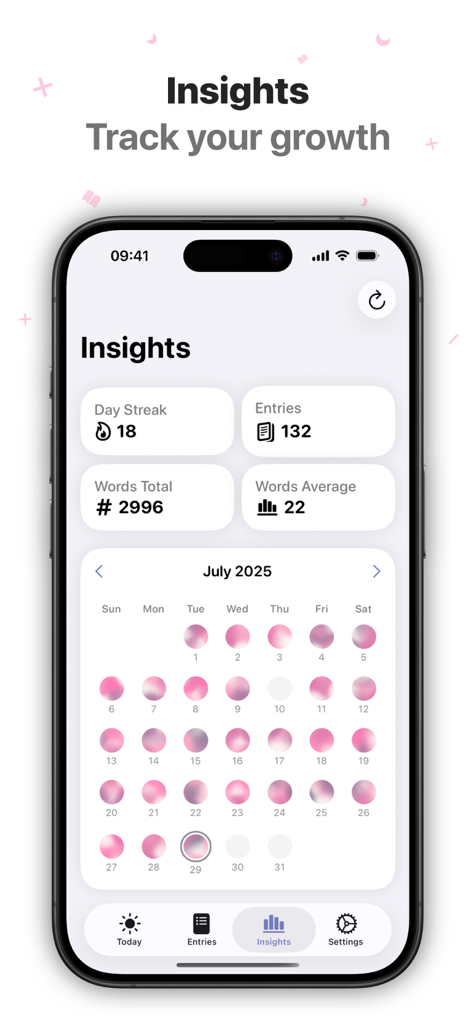Reflect & Journal - Bloom - Insights dashboard in the Bloom journaling app displaying user statistics and a monthly mood tracking calendar.