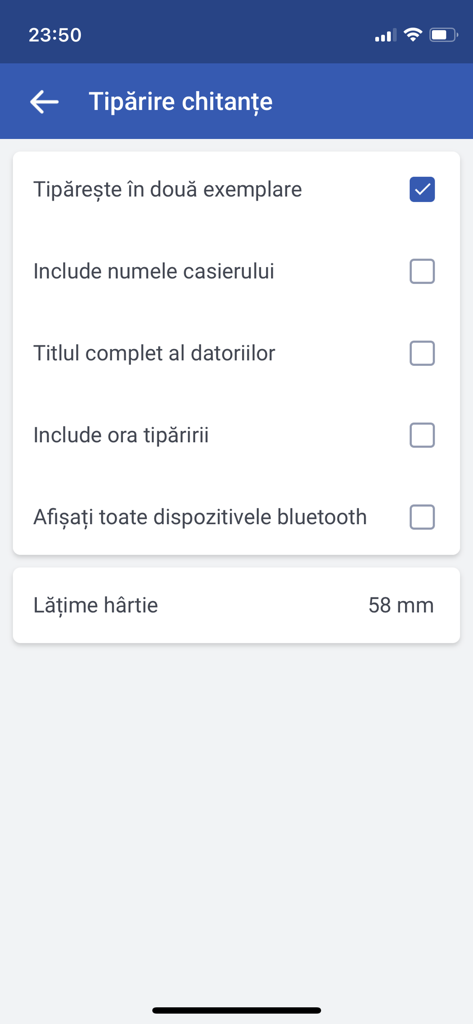 e-bloc.ro - Settings screen for printing receipts with options for copies and bluetooth devices in the e-bloc app