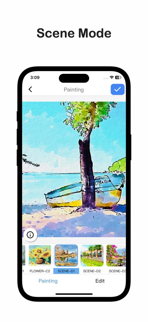 Pantalla de iPhone mostrando la aplicación Qnipaint en Modo Escena con una foto de paisaje costero convertida en una vibrante pintura de acuarela.