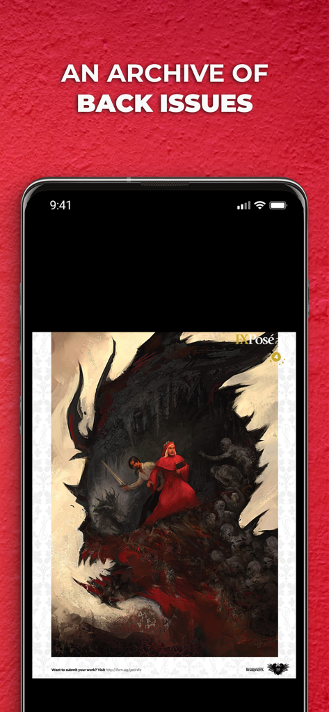 ImagineFXアプリ画面には、バックナンバーアーカイブからのファンタジーデジタルアート作品が表示されています